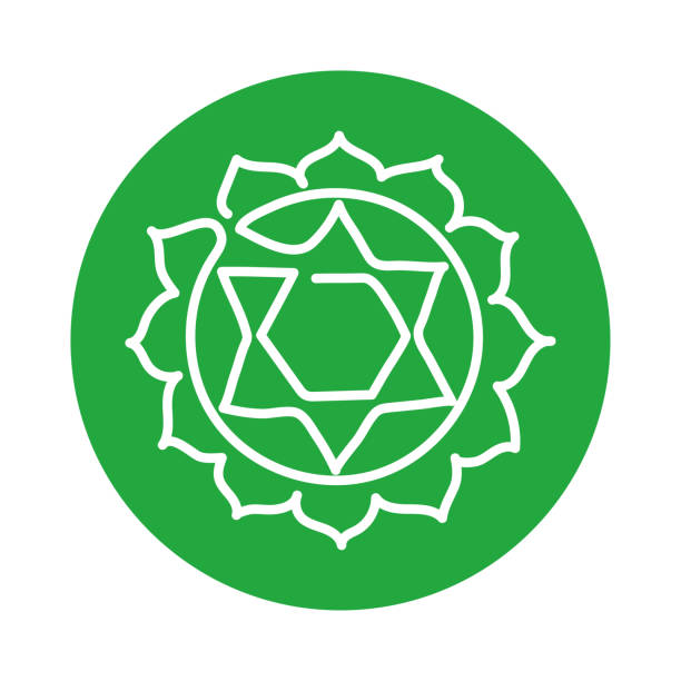 ilustraciones, imágenes clip art, dibujos animados e iconos de stock de icono de anahata. una línea. el cuarto chakra del corazón. símbolo de línea verde vectorial. signo sagrado. meditación - om symbol lotus hinduism symbol