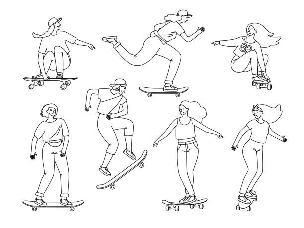 illustrations, cliparts, dessins animés et icônes de contour des planchistes. adolescents féminins de dessin animé sur des éléments de croquis de planches, saut et tours de sport sur le longboard - figure skating