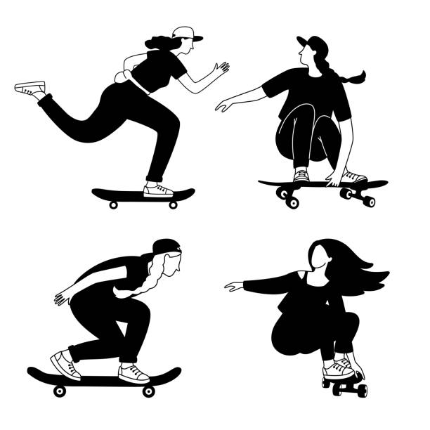 Girls skateboarding silhouettes. Cartoon young persons training tricks on longboards Girls skateboarding silhouettes. Cartoon young persons training tricks on longboards, sketches of street extreme sport, vector illustration of outdoors active skater girl stock illustrations