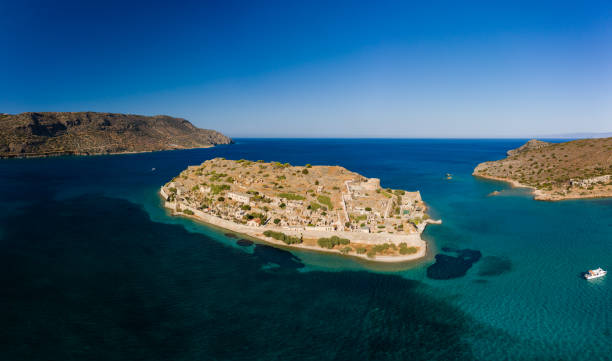 Spinalonga Fortress on the small Kalidonia Island (Spinalonga Island) . Venetian Fortress built approx. in the year 1579 was used as the last active leprosy colony to quarantaine leprous people until 1957. Crete,
