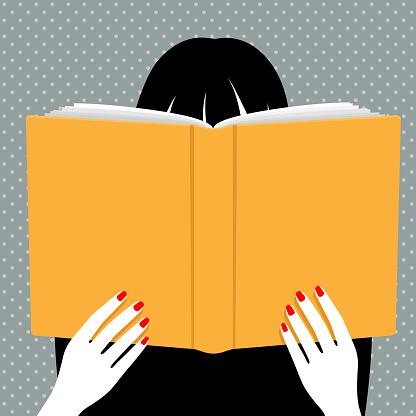 Woman reading book, head with black hair hiding behind open big book, hands with red nails holding big book, simple vector illustration