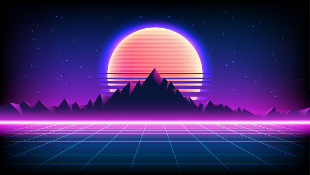 80s Retro Sci-Fi Background with Sunrise or Sunset night sky with stars, mountains landscape infinite horizon mesh in neon game style. Futuristic synth retrowave illustration in 1980s posters style. 80s Retro Sci-Fi Background with Sunrise or Sunset night sky with stars, mountains landscape infinite horizon mesh in neon game style. Futuristic synth retrowave illustration in 1980s posters style galaxy illustrations stock illustrations