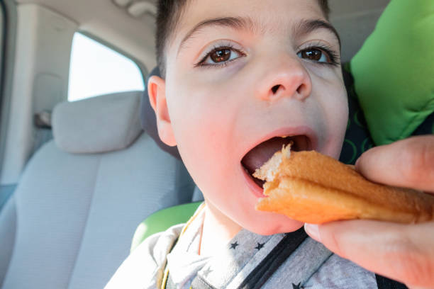 5-year-old child eats pastries while sitting in a child safety seat in a car European white child 5 years old with brown eyes eats pastries sitting in the child safety seat in the gray interior of a large car kids eating tuna stock pictures, royalty-free photos & images