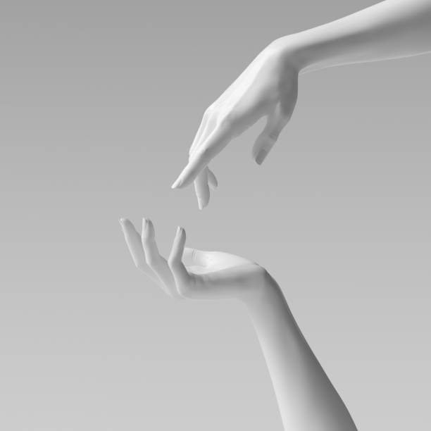 abstrakte schöne frau hand skulptur isoliert auf gelbem hintergrund. palm-up zeigt und präsentiert weibliche kunst kreative konzept banner, schaufensterpuppe arm 3d rendering - white hands stock-fotos und bilder