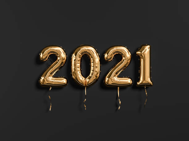 neues jahr 2021 gold und schwarz. goldfolie ballons zähler 2021 isoliert auf schwarzem hintergrund. 3d-rendering - 2021 stock-fotos und bilder