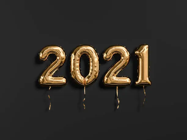 Photo of New year 2021 gold and black. Gold foil balloons numeral 2021 isolated on black background. 3D rendering