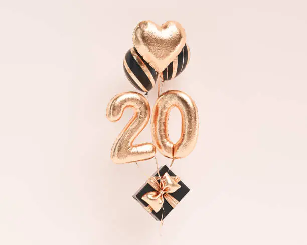 20 years old. Gold balloons number 20th anniversary, happy birthday congratulations. 3d rendering.