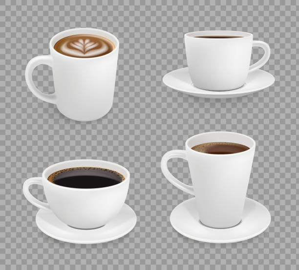 Coffee cup. Breakfast hot drinks espresso cappuccino with foam cup vector realistic Coffee cup. Breakfast hot drinks espresso cappuccino with foam cup vector realistic. Illustration breakfast drink, caffeine black, foam cappuccino saucer stock illustrations