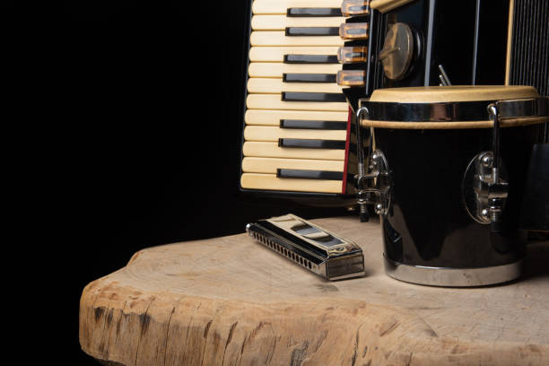 istock Old accordion, harmonica and bong on rustic wooden surface with black background and Low key lighting, selective focus. 1271180481