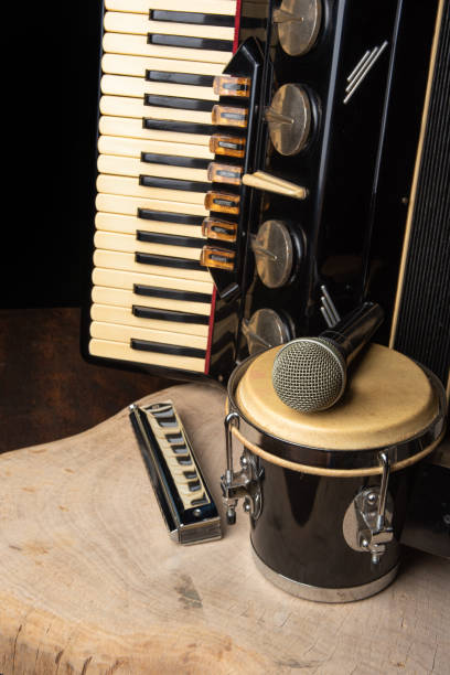 istock Old accordion, harmonica, bong and microphone on a rustic wooden surface with black background and low key lighting, selective focus. 1271180498