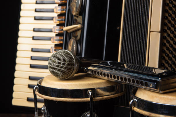 istock Old accordion, harmonica, bong and microphone on a rustic wooden surface with black background and low key lighting, selective focus. 1271180506
