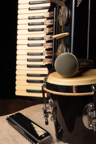 istock Old accordion, harmonica, bong and microphone on a rustic wooden surface with black background and low key lighting, selective focus. 1271180513