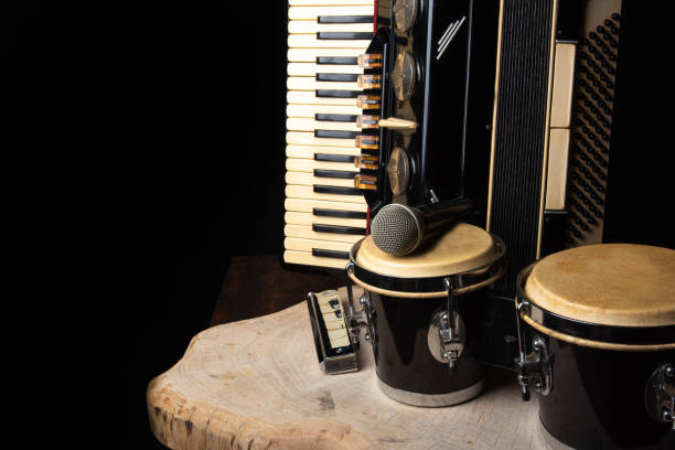 istock Old accordion, harmonica, bong and microphone on a rustic wooden surface with black background and low key lighting, selective focus. 1271180515