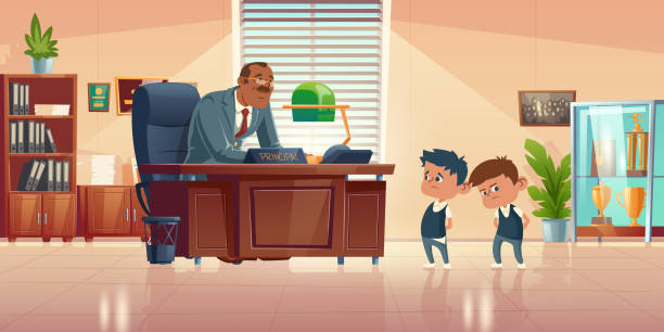 Teacher meeting with kids in principals office Teacher meeting with kids in principals office. Vector cartoon illustration of kind man school headmaster talk with two guilty boys. Administration cabinet with director and students school principal stock illustrations