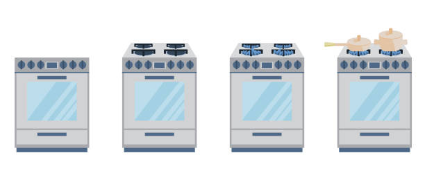 ilustrações de stock, clip art, desenhos animados e ícones de the gas cooker is isolated on a white background. a vector set of gas stoves is drawn in a cartoon style. front view, isometric. burner with and without fire.  pot on the stove - natural gas flame fuel and power generation heat