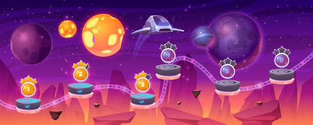 Space game level map spaceship and alien planets Space game level map with spaceship and alien planets, cartoon 2d gui landscape, computer or mobile arcade with platform and bonus items. Cosmos, universe futuristic background vector illustration alien planet stock illustrations