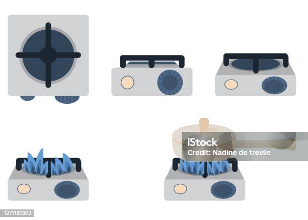 가스 스토브는 흰색 배경에서 격리됩니다 가스 버너의 벡터 세트는 만화 스타일로 그려집니다 상단 전면 등등 측정에서 보기입니다 불이 붙은  버너 포함된 난로에 냄비 가사-집안일에 대한 스톡 벡터 아트 및 기타 이미지 -