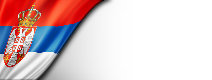 Serbia flag isolated on white. Horizontal panoramic banner.