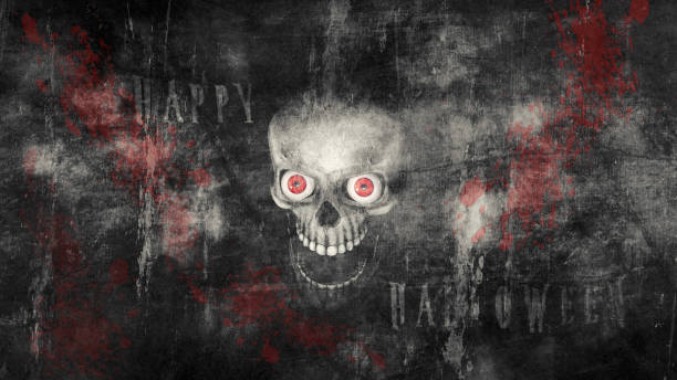 istock Happy Halloween. Human skull with eyes and scary, evil look 3D Rendering 1271182193