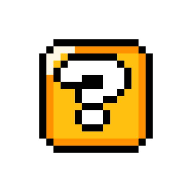 ilustraciones, imágenes clip art, dibujos animados e iconos de stock de pixel art 8-bit cuadro de oro signo de interrogación - ilustración vectorial aislada - pixelado