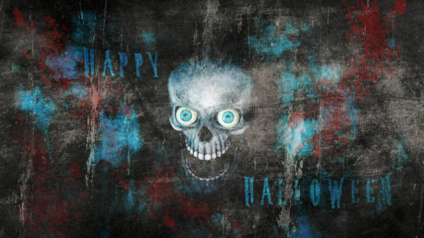 istock Happy Halloween. Human skull with eyes and scary, evil look 3D Rendering 1271182256