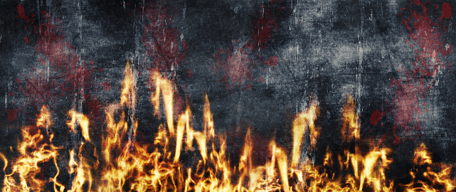 Halloween background. Burning fire with flames and blood. Scratched and worn look 3D illustration