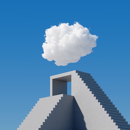 3d render, abstract cloudscape on a sunny day, white cloud levitates above the concrete stairs, cumulus on blue sky. Modern minimal surreal background, dream concept, challenge metaphor