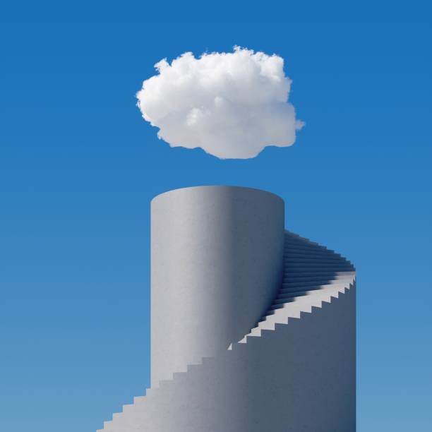 istock 3d render, abstract cloudscape on a sunny day, white cloud levitates above the spiral concrete stairs, blue sky. Modern minimal surreal background, challenge concept. Progress metaphor. 1271183872