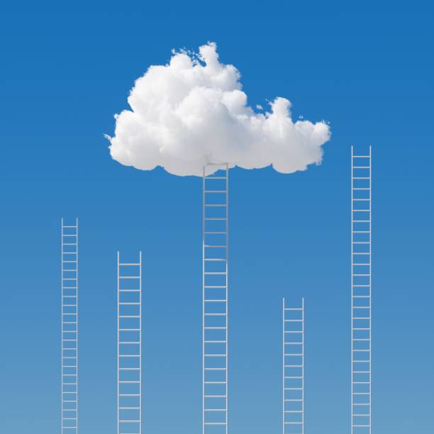 istock 3d render, many ladders under the white cloud on the blue sky. Success metaphor, surreal dream, opportunity or choice concept 1271183887