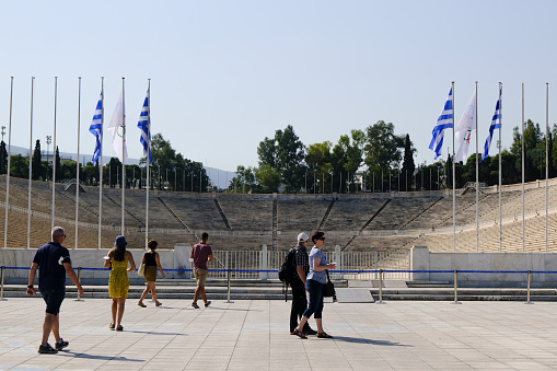 Athens,Greece - August 5, 2020: The Panathenaic Stadium also known as Kallimarmaro is a multi purpose stadium in Athens, Greece