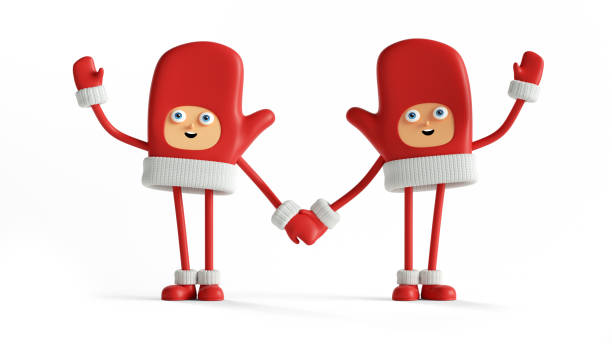istock 3d render, funny christmas characters holding hands. Red mittens with hands and legs standing together. Festive clip art isolated on white background 1271184907