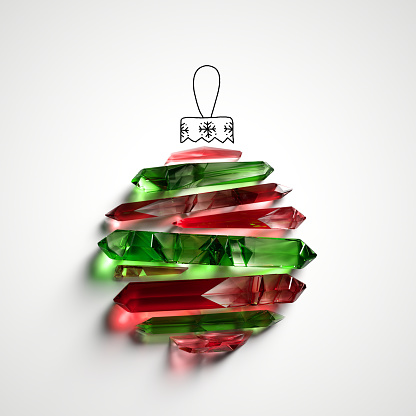 3d render, red and green crystals, ruby and emerald gemstones in the shape of a Christmas ball ornament. Abstract Christmas clip art isolated on white background