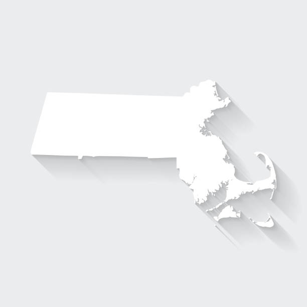 Massachusetts map with long shadow on blank background - Flat Design White map of Massachusetts isolated on a gray background with a long shadow effect and in a flat design style. Vector Illustration (EPS10, well layered and grouped). Easy to edit, manipulate, resize or colorize. massachusetts map stock illustrations