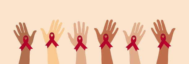 AIDs HIV awareness red ribbons. Human hands raised. 1st of December. Vector AIDs HIV awareness red ribbons. Human hands raised. 1st of December. Vector illustration world aids day stock illustrations