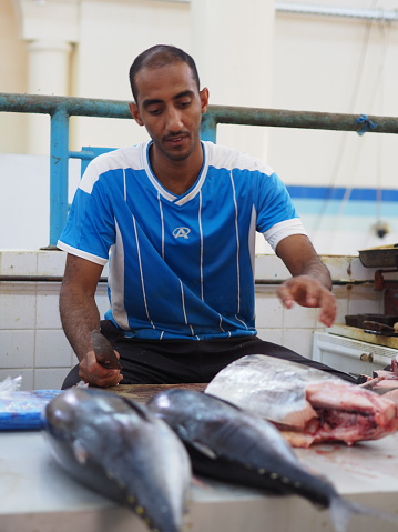Vendors on Jeddah Central fish market in Saudi Arabia