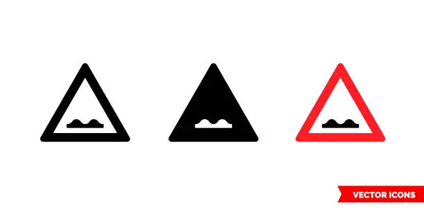 Vector illustration of Bumpy road sign icon of 3 types color, black and white, outline. Isolated vector sign symbol