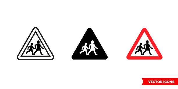 ilustrações, clipart, desenhos animados e ícones de crianças cruzando ícone de sinal de 3 tipos de cor, preto e branco, contorno. símbolo isolado do sinal vetorial - sinais de cruzamento