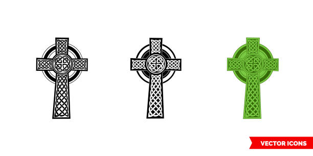 ilustraciones, imágenes clip art, dibujos animados e iconos de stock de icono de cruz celta de 3 tipos de color, blanco y negro, contorno. símbolo de signo vectorial aislado - celtic cross