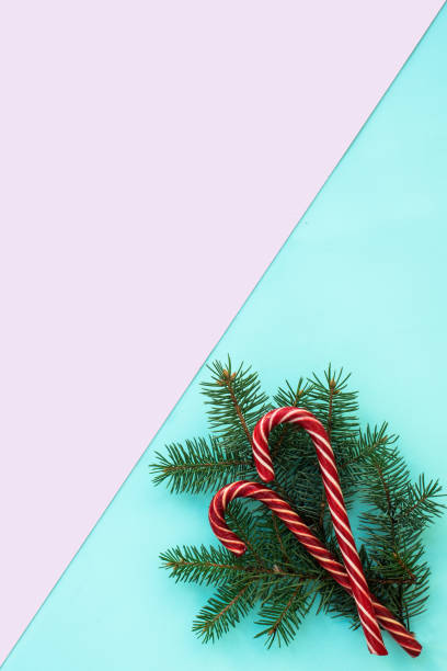 istock spruce branches, red candies on a pink and blue background. Flat lay, top view, copy space, diagonal. christmas concept 1271191185
