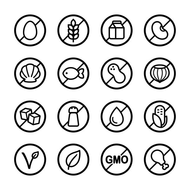 Allergens and diets icon set Set of ingredient and diet icons. Common allergens (gluten, dairy, soy, nut and more), sugar, salt and trans fat, vegetarian and organic symbols. gluten free stock illustrations