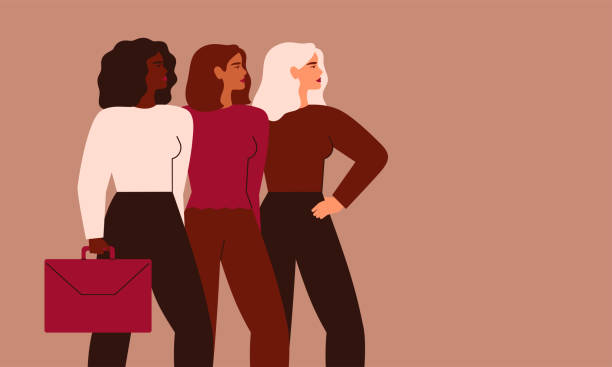 Confident businesswomen stand together. Strong females entrepreneurs support each other. Confident businesswomen stand together. Strong females entrepreneurs support each other. Vector Concept of equitable participation of women in politics and business. women stock illustrations