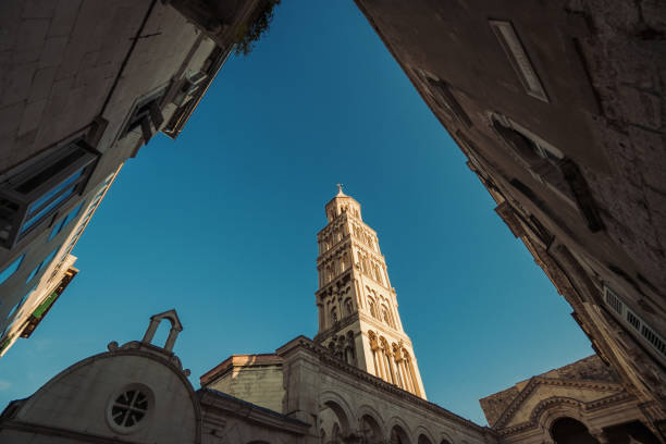 Low angle view of Saint Domnius Cathedral in Split medieval old town in Croatia