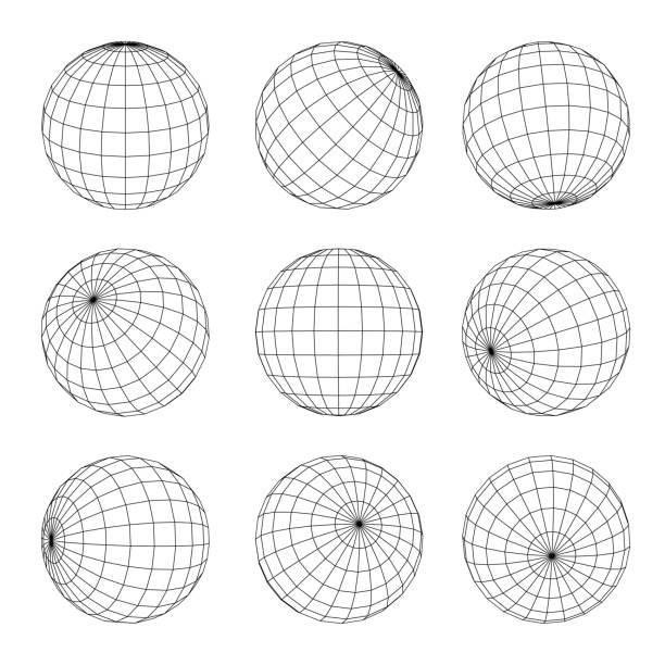 illustrazioni stock, clip art, cartoni animati e icone di tendenza di set di griglie del globo. terra, pianeta, sfera wireframe in nove posizione. longitudine geografica, latitudine. - latitudine