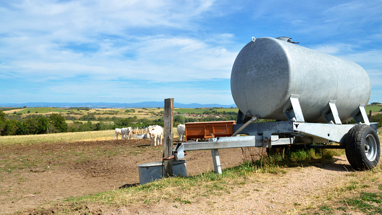 Agricultural equipment with a water tank trailer for livestock during drought summer.