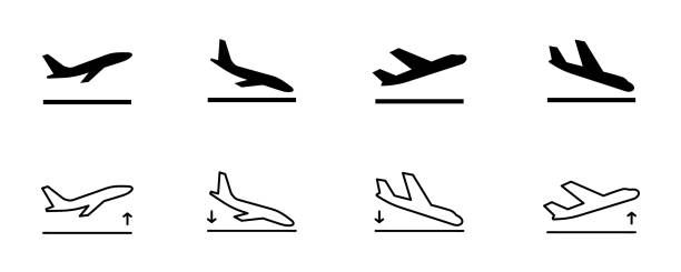 도착 및 출발 비행기 표지판. 공항 표지판. 간단한 아이콘, 비행기 착륙 및 이륙. 공항 아이콘 세트: 출발, 도착. 벡터 일러스트 항공기 또는 비행기 - airplane commercial airplane airport arrow sign stock illustrations