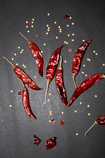 Dried red chili or Dried red peppers on black backgrounds