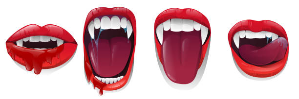 istock Scary mouth with bloody saliva on white background. Red lips with long pointed canine teeth and bloody saliva express different emotions. Vector illustration 1271199192