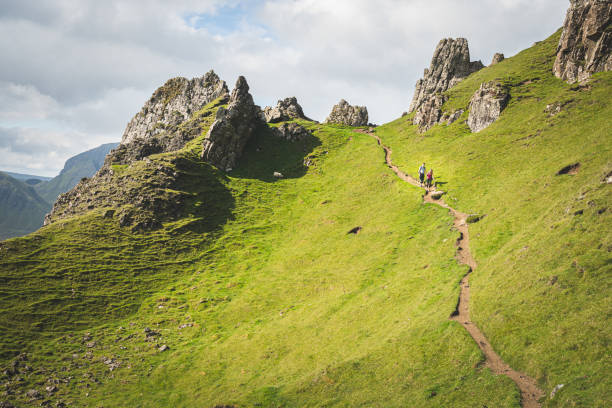 화창한 날, 스코틀랜드 스카이 섬 키라잉(quiraing)의 길을 걷고 있는 두 명의 등산객. 여름에는 헤더가 피어나는 풀이 우거진 산의 아름다운 지역, 숨겨진 호수와 가파른 절벽 - quiraing needle 뉴스 사진 이미지