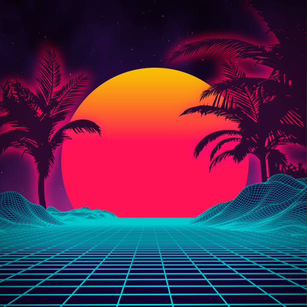 istock Retro background futuristic landscape 1980s style. Digital retro landscape cyber surface. 80s party background . Retro 80s fashion Sci-Fi Background Summer Landscape. 1271202720