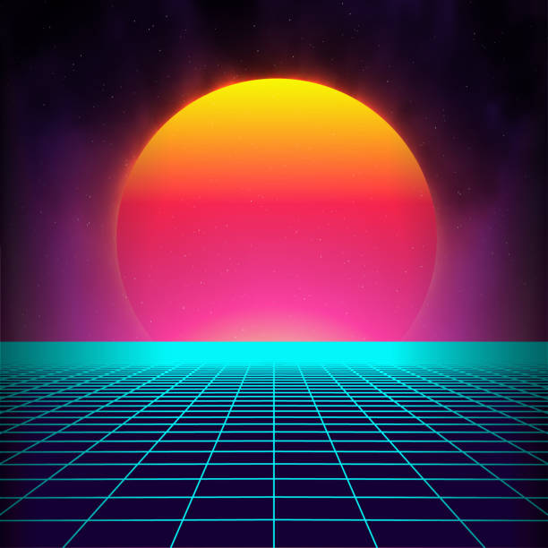 istock Retro background futuristic landscape 1980s style. Digital retro landscape cyber surface. Retro music album cover template sun, space, mountains . 80s Retro Sci-Fi Background Summer Landscape. 1271202805
